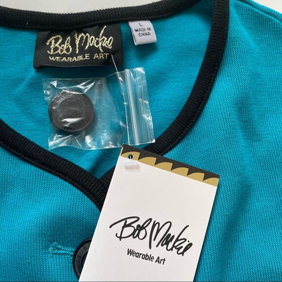 Bob Mackie Wearable Art Scallop Trim Cardigan Pockets New with Tags L Teal Blue - Picture 3 of 8